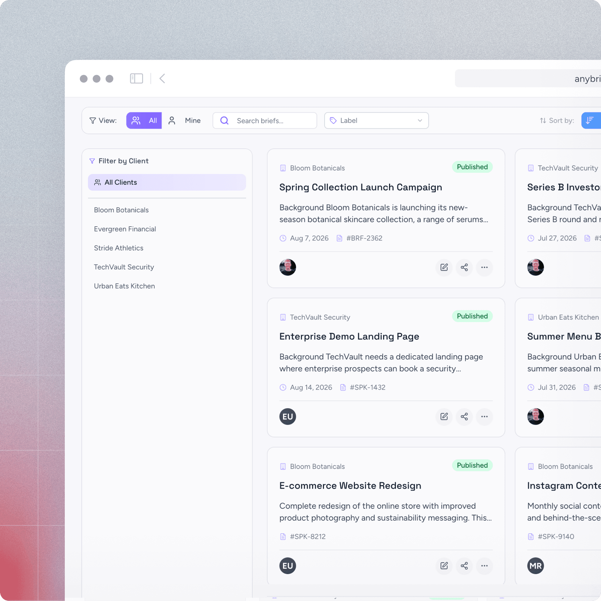 anybrief briefs dashboard showing organized project list
