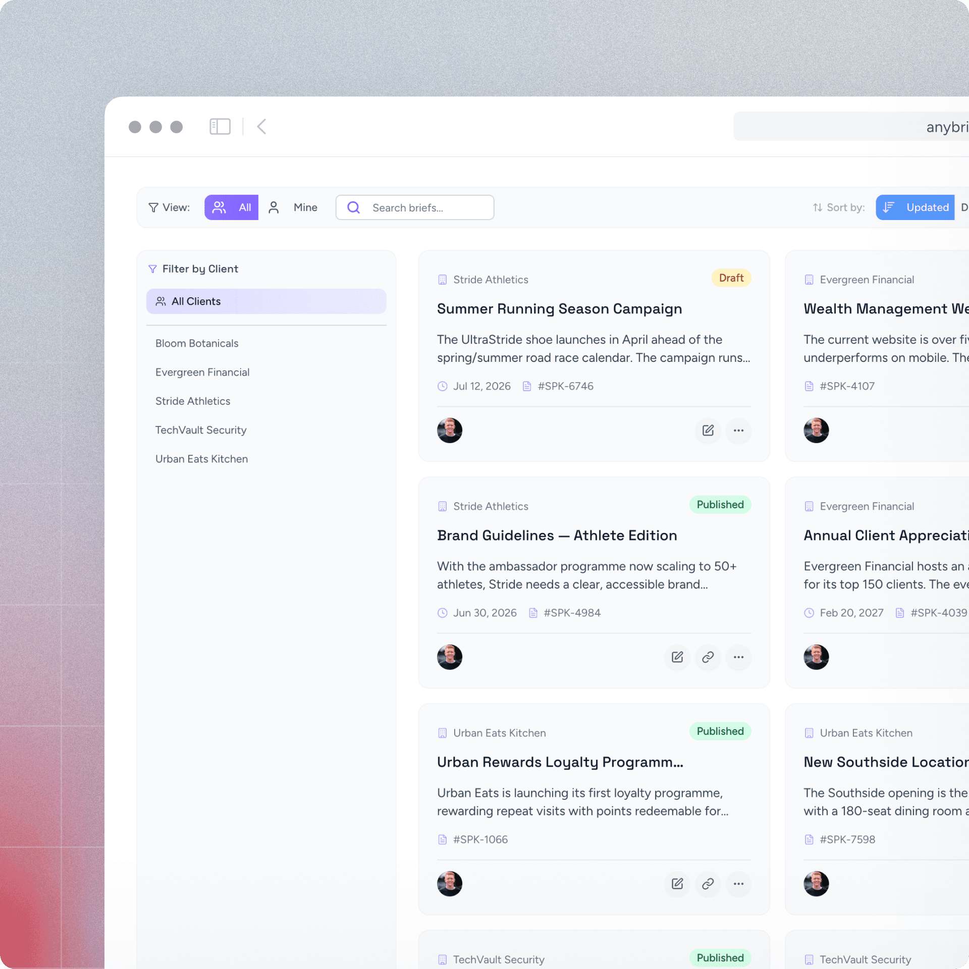 anybrief briefs dashboard showing organized project list