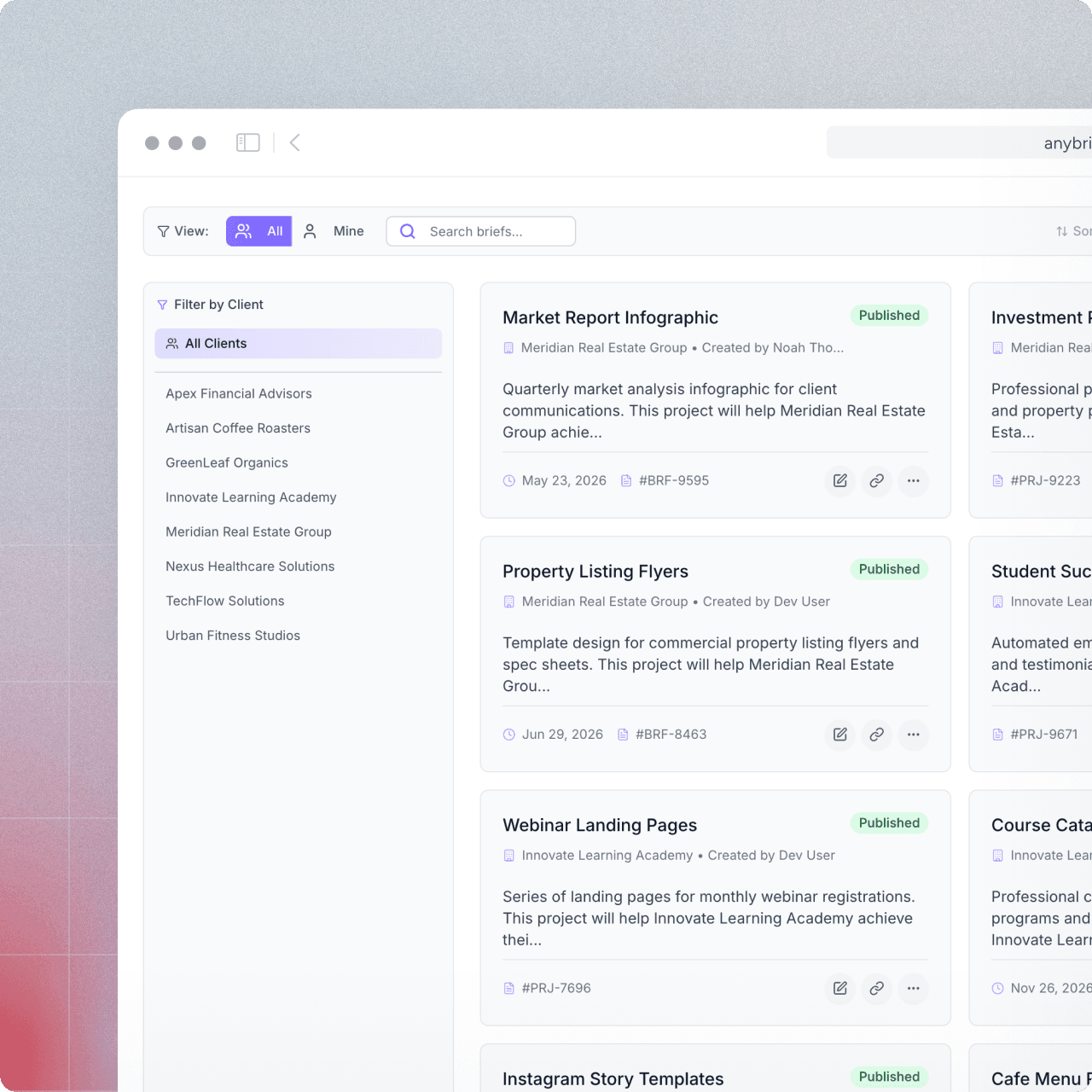 anybrief briefs dashboard showing organized project list