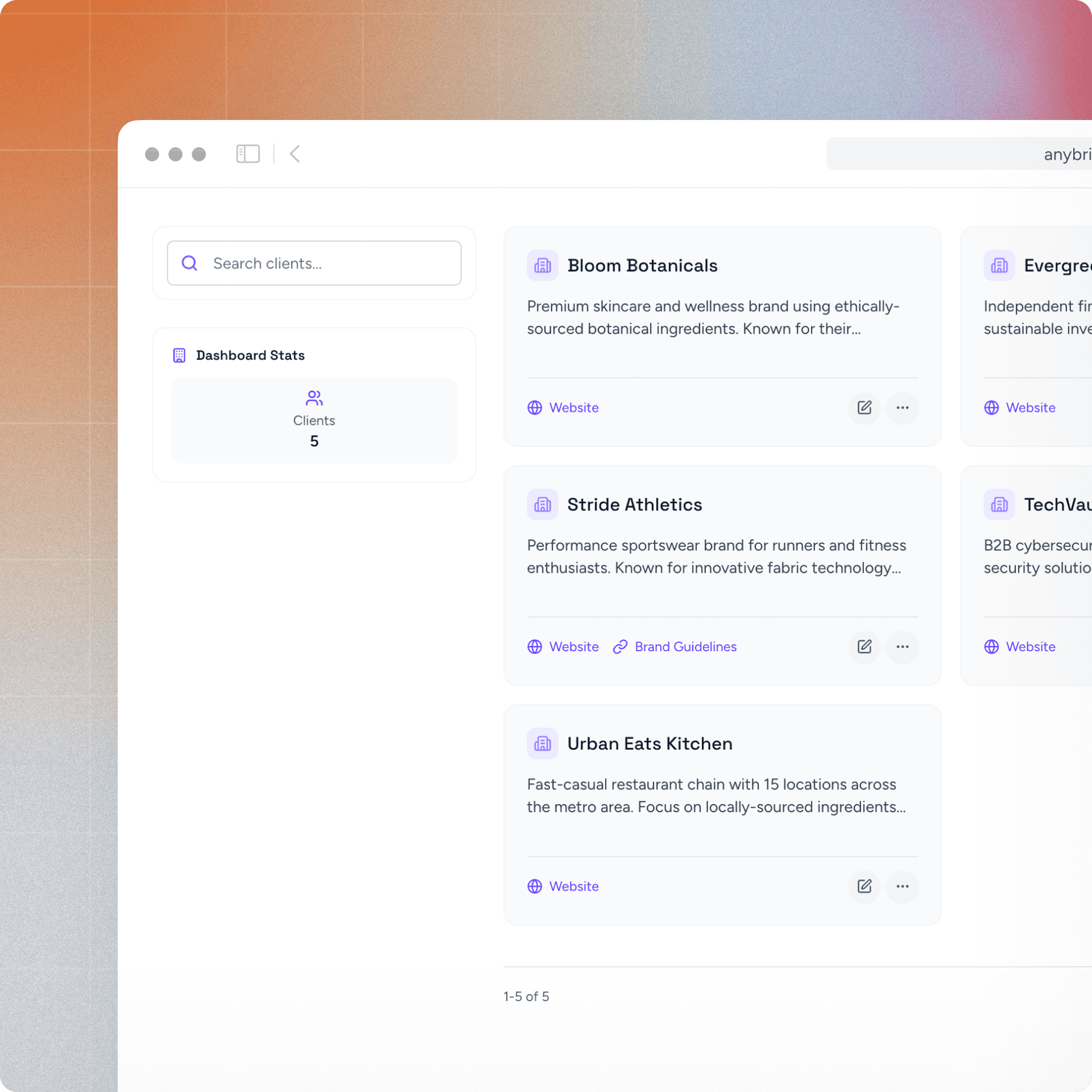 anybrief client profile interface showing brand guidelines and assets