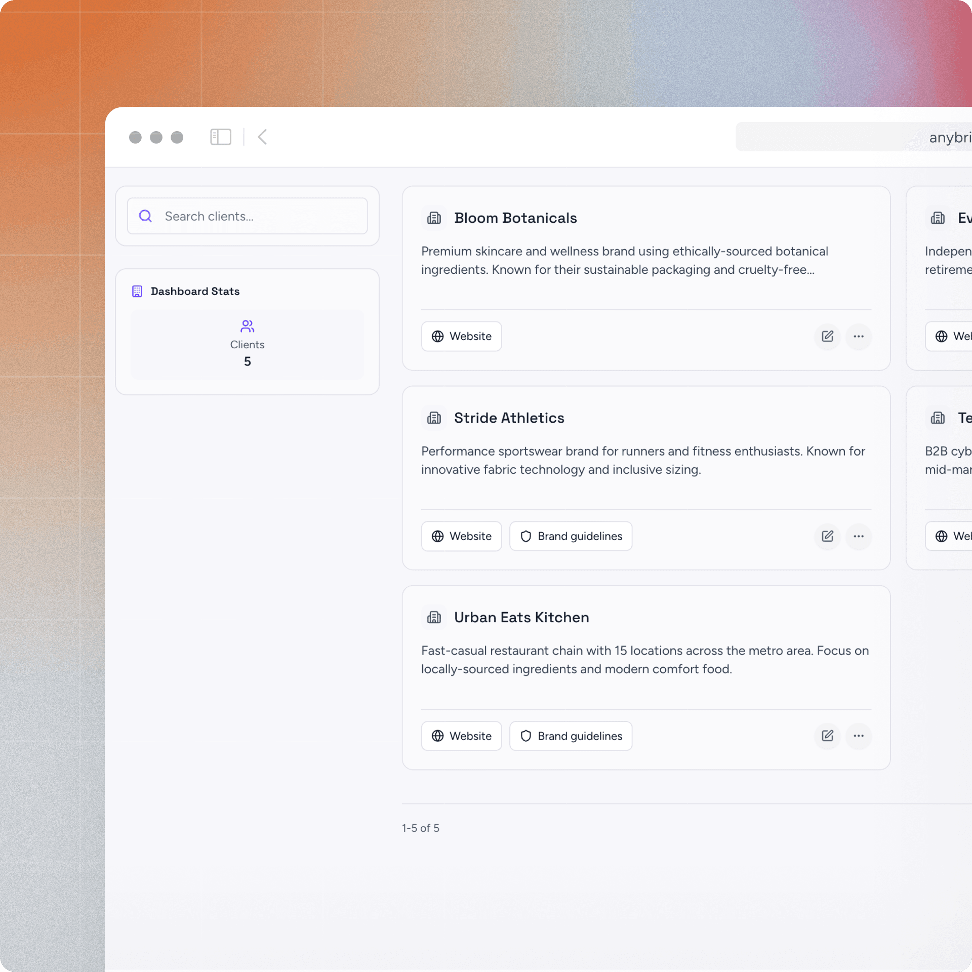 anybrief client profile interface showing brand guidelines and assets