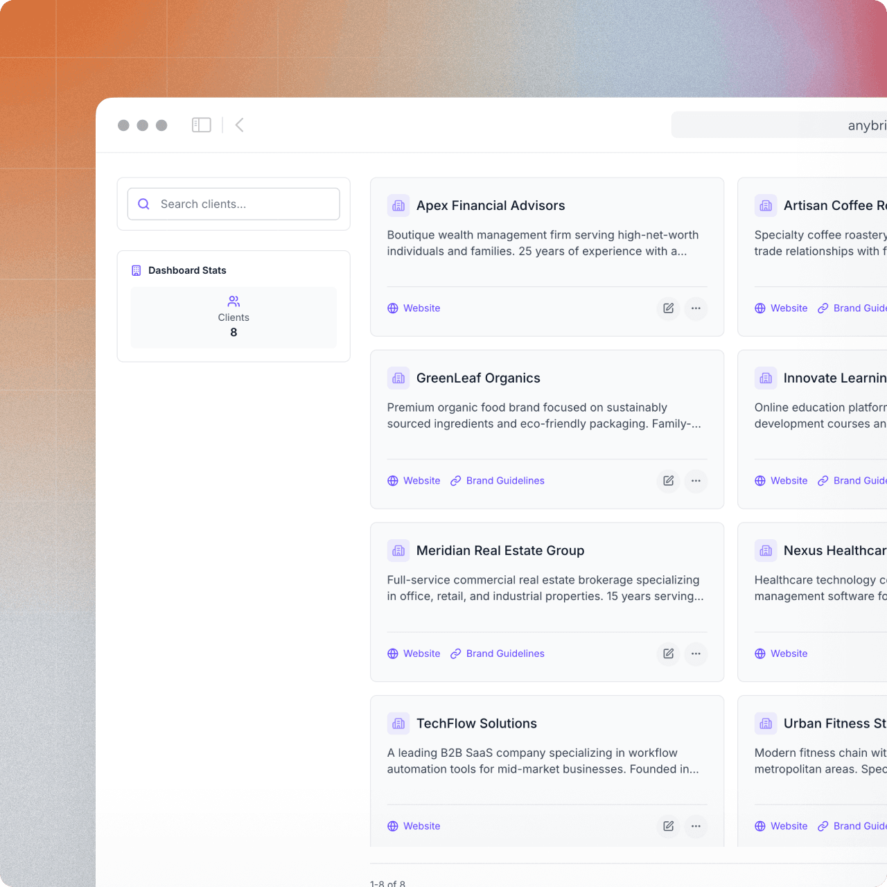 anybrief client profile interface showing brand guidelines and assets