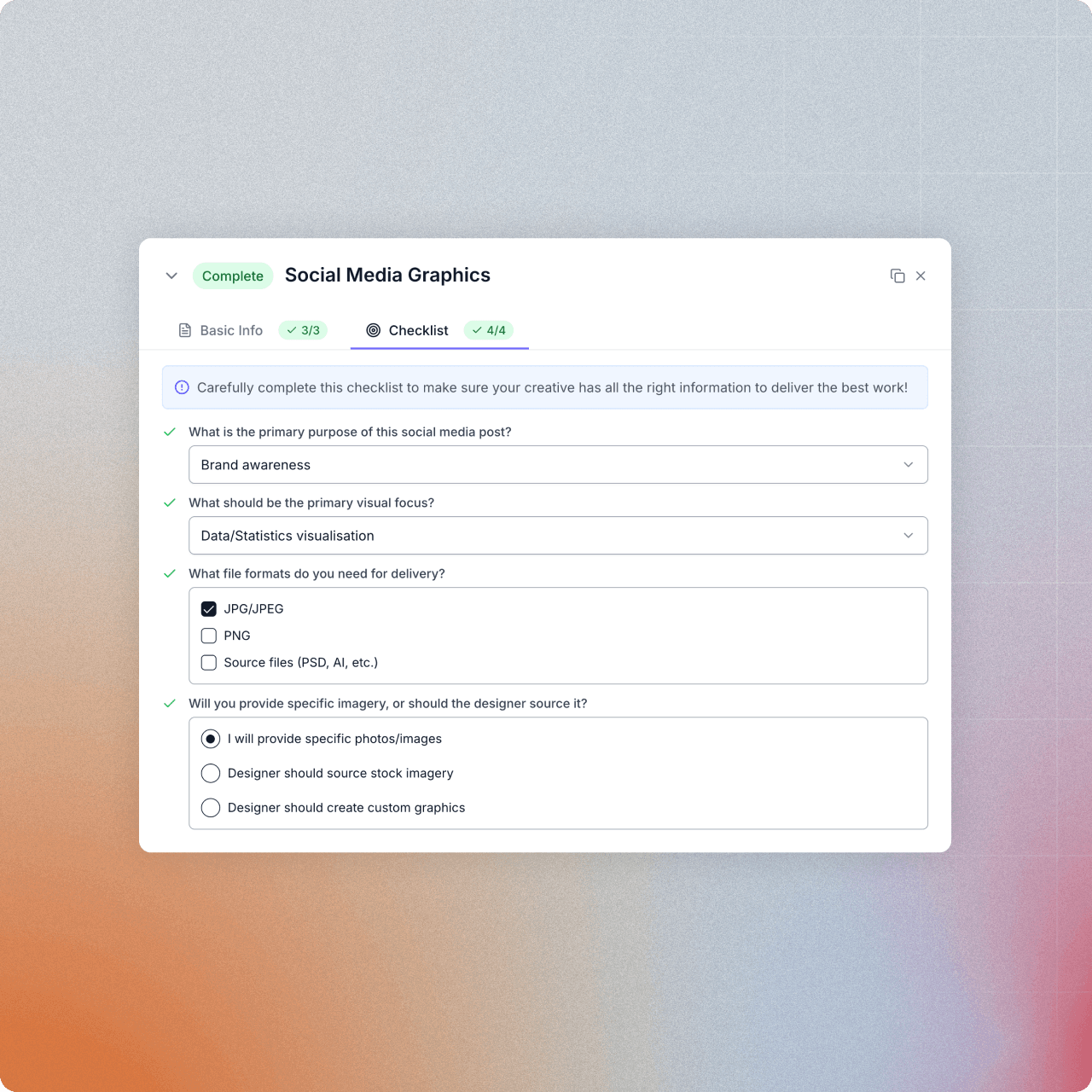 anybrief deliverable selection interface showing various project types