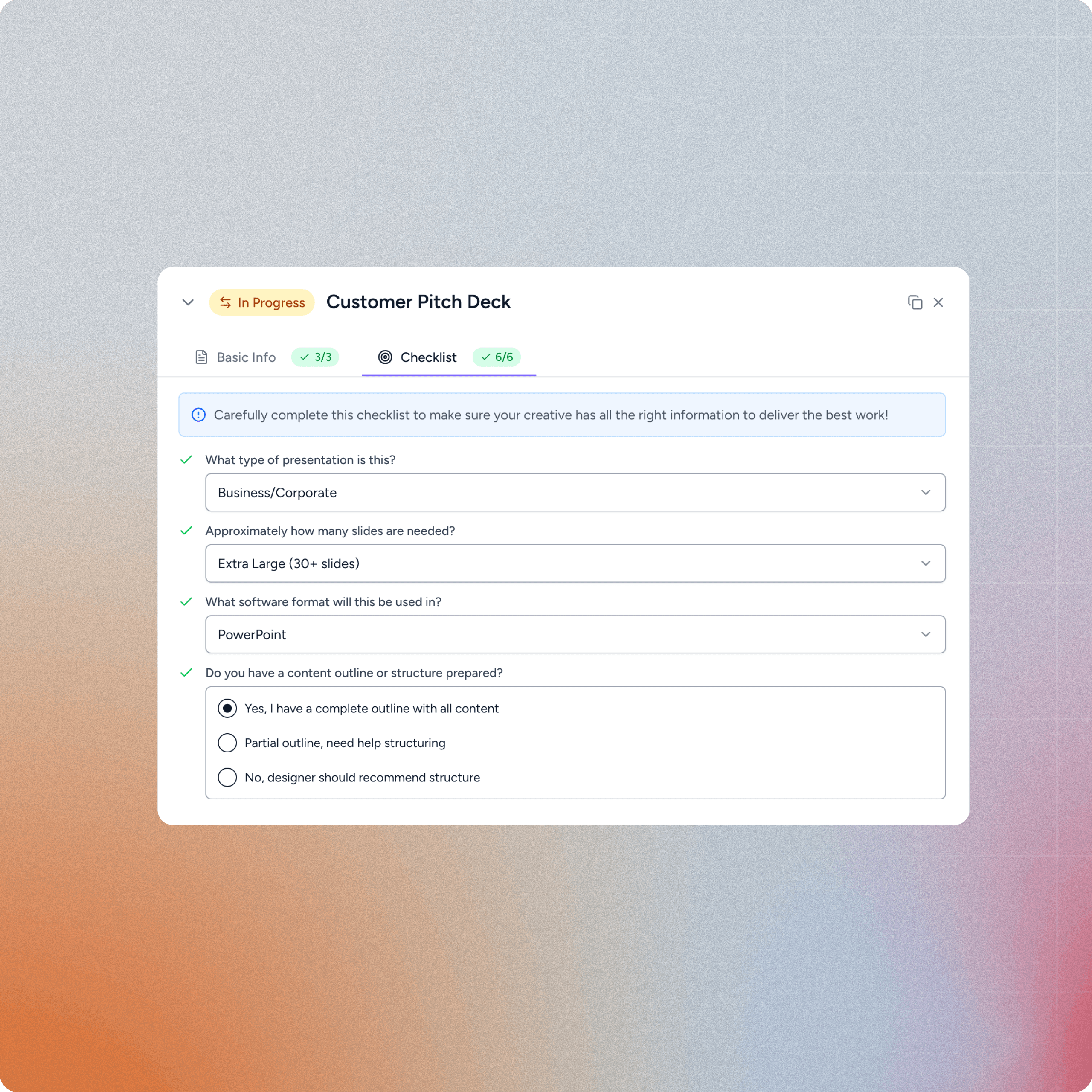 anybrief deliverable selection interface showing various project types