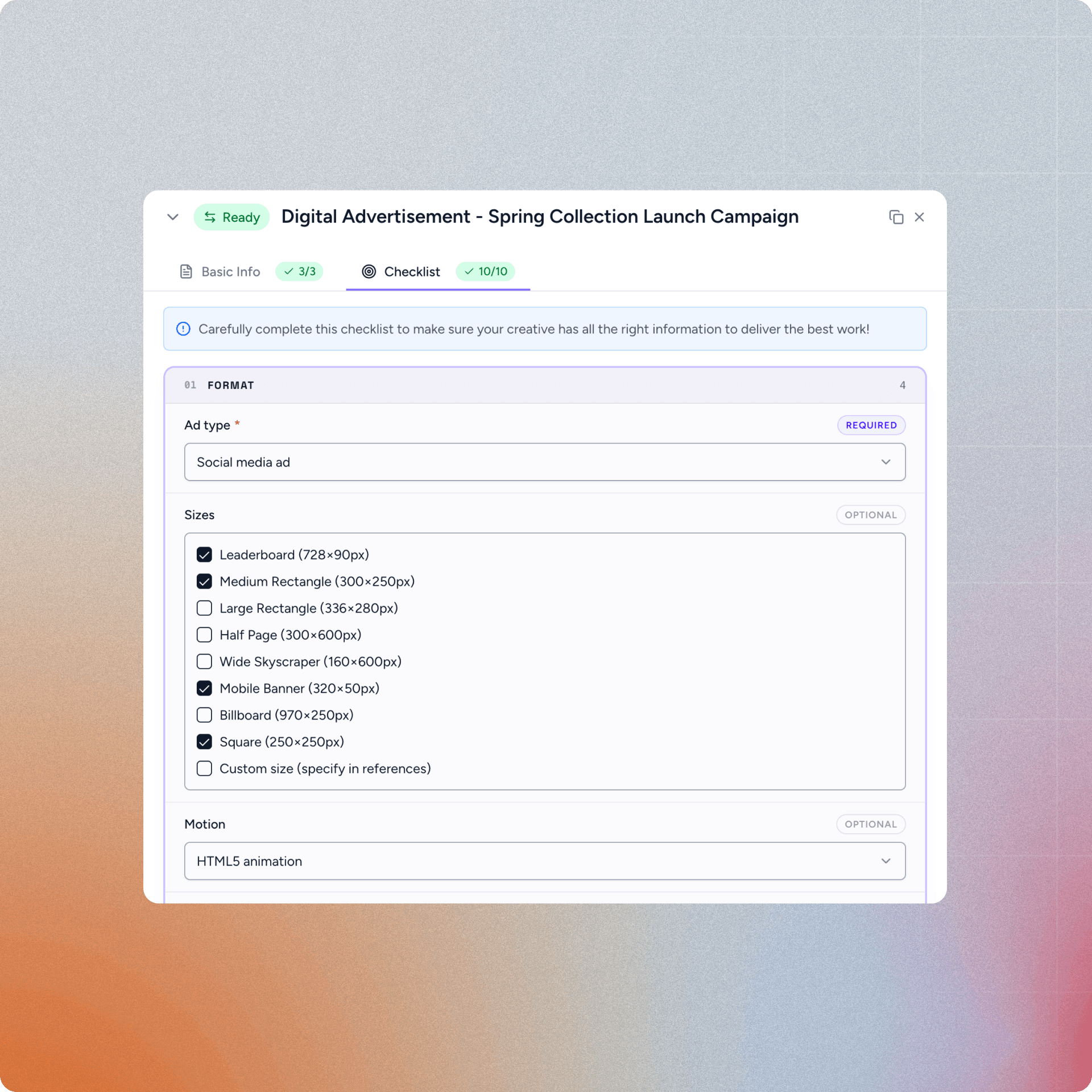 anybrief deliverable selection interface showing various project types