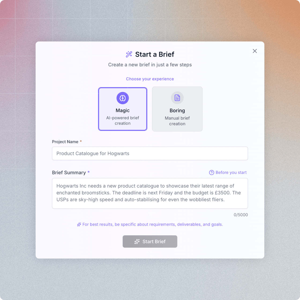 anybrief Magic Brief interface generating a brief from client input