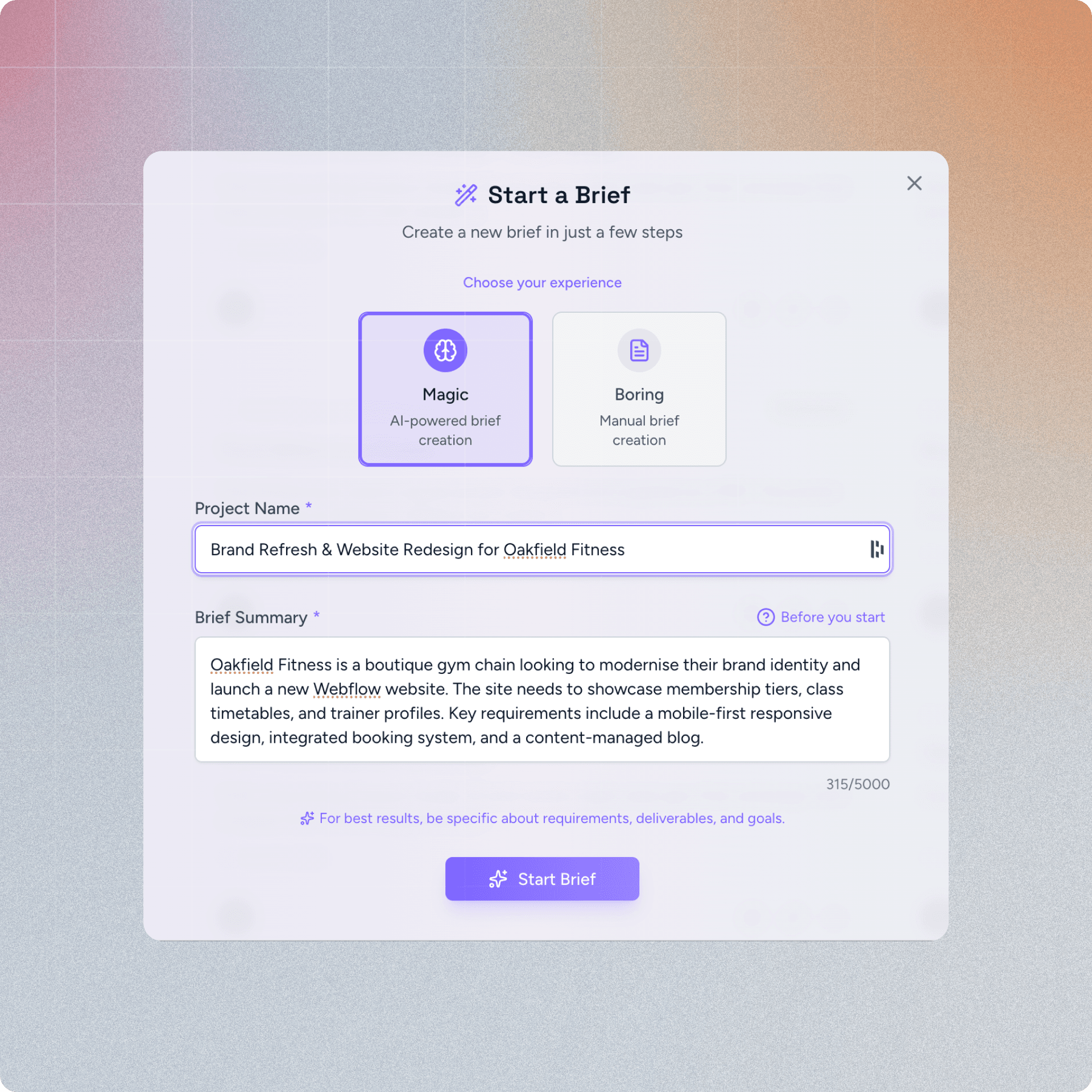 anybrief Magic Brief interface generating a brief from client input