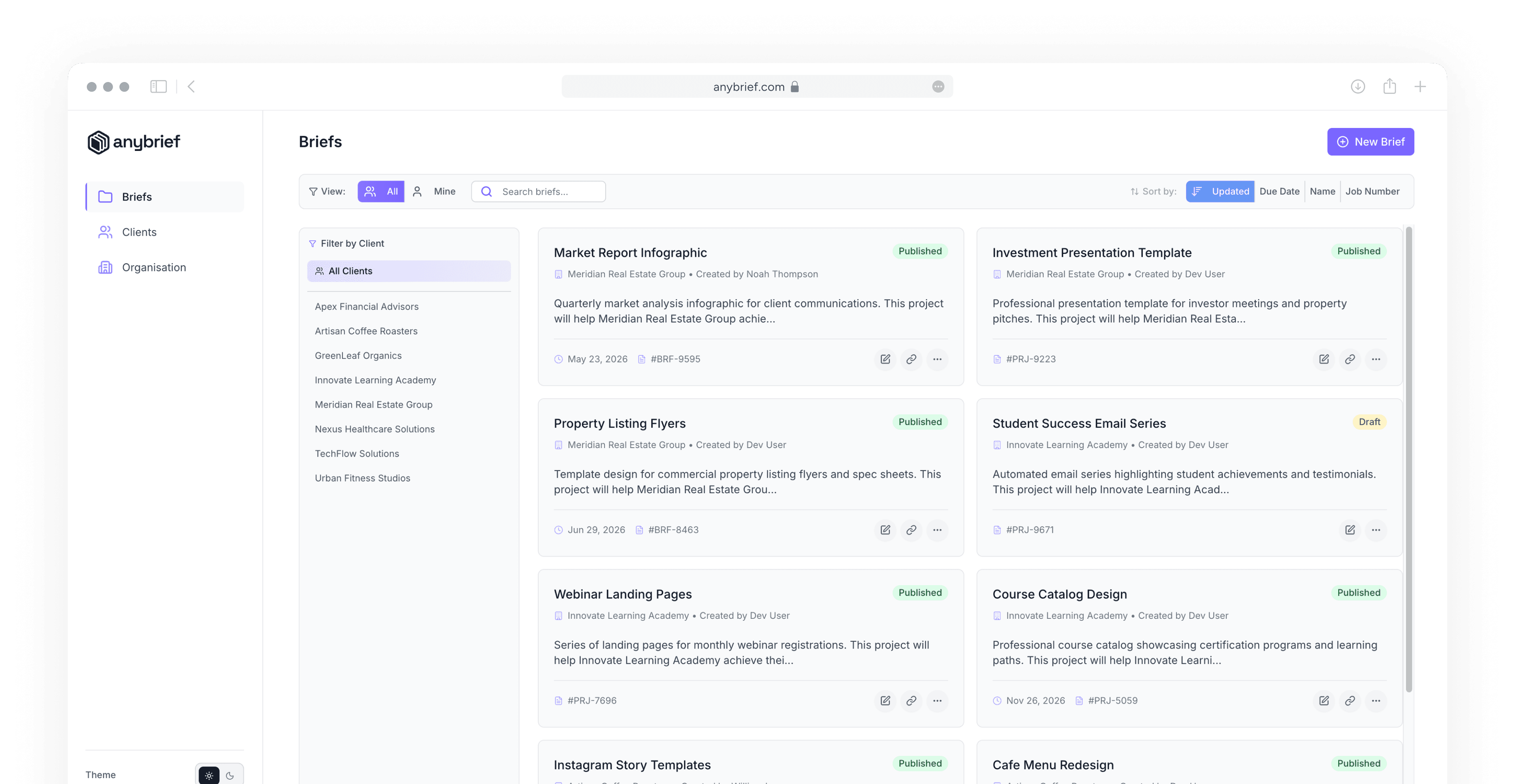 anybrief application interface showing briefs management dashboard