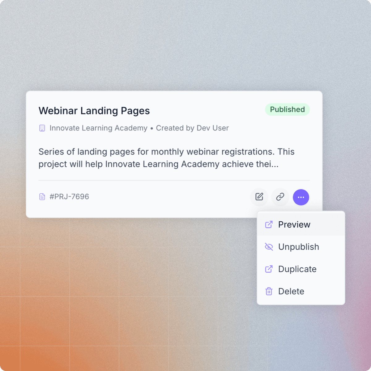 anybrief interface showing project management features